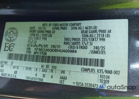 2017 Ford Escape Se из США, поврежденный, VIN 1FMCU0GD8HUA00984